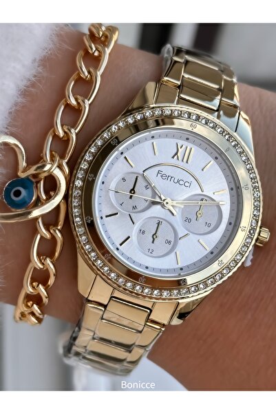 Ferrucci Marka , Çelik Kordon, Sarı Renk, Kadın Kol Saati Nazar Boncuklu Bile...