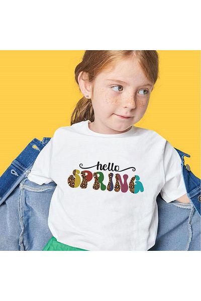 Let's Wear Hello Spring Printed Ποδηλατικό γιακά Χτενισμένο Βαμβακερό T-shirt για κορίτσια