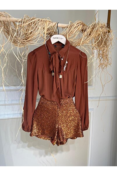 Thil Bakır Renk Pul Payet Astarlı Yan Fermuarlı Şort