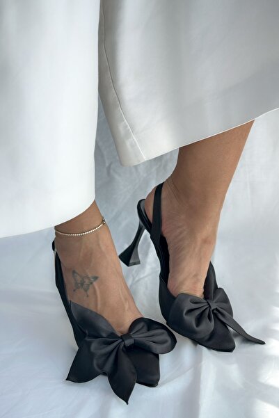 Shoebutik Aura Black Satin Bow Detail Women's Heeled Shoes