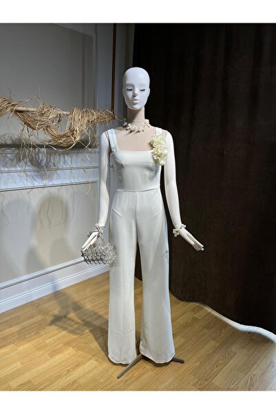 Rahy Ekru Kumaş Gül Detaylı Kalın Askılı Tulum