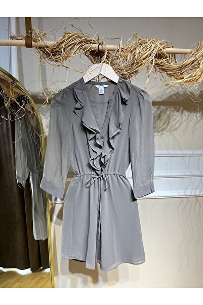 MODA Gray Crepe Chiffon Ruffle V-Neck Waist Tie Lined Dress