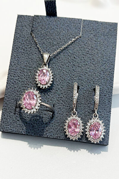 DM AKSESUAR 925 Ayar Gümüş Ortası Pembe Kuvars Taşlı Yuvarlak Model Set Kolye...