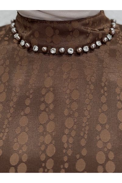 Ebrar Store Hafsa Jacquard Dress with Tied Sleeves-El1888 Brown