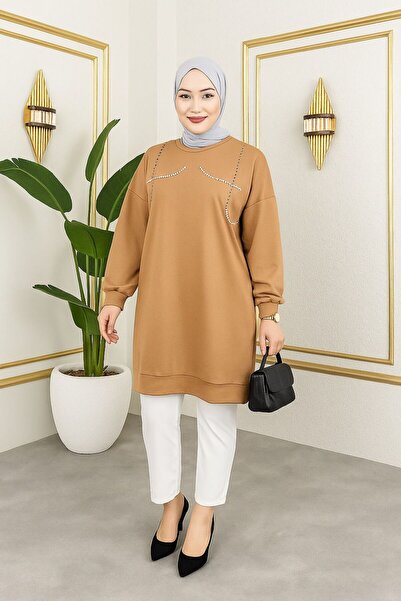 sd butique Salaş Sweatshirt Tunik- Inci Detaylı Kadın Tesettür Tunik - Rahat ...