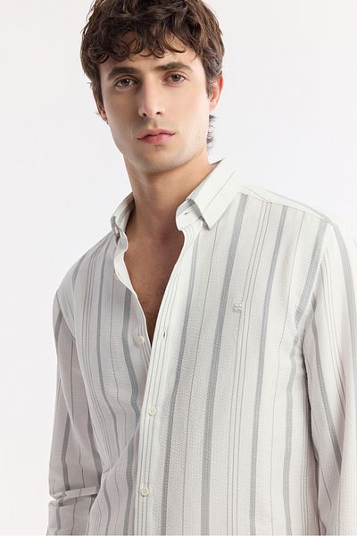 Avva Men's Gray Bottom Brit Collar Seersucker Striped Shirt A51Y2094