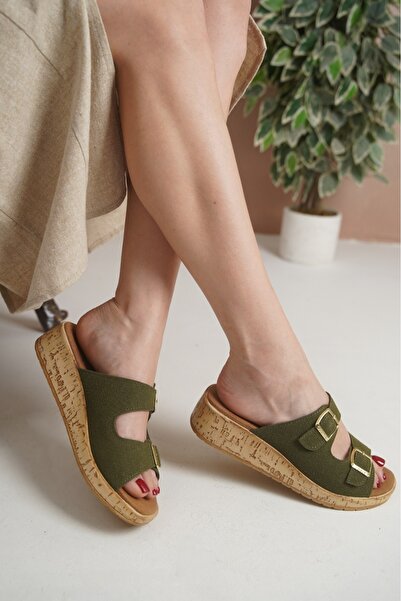 Taran Ellen Women's Yellow Double Buckle Detailed Cork Sole Stylish and Comfortable Daily Slippers