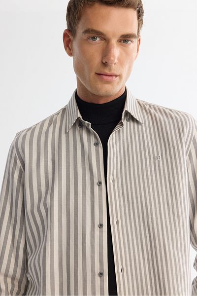 Avva Men's Gray 100% Cotton Britted Collar Striped Shirt from the Bottom A42Y2040