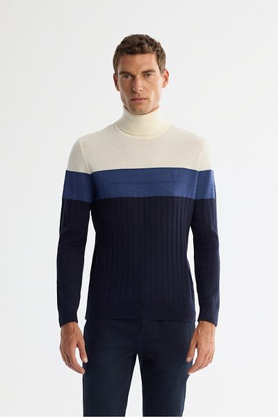 Avva Men's Navy Blue Full Turtleneck Block Color Woolen Sweater A42Y5013