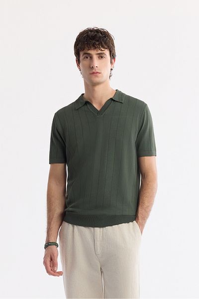 Avva Men's Khaki Buttonless Polo Neck Neck Openwork Patterned Knitwear T-Shirt A51Y5015