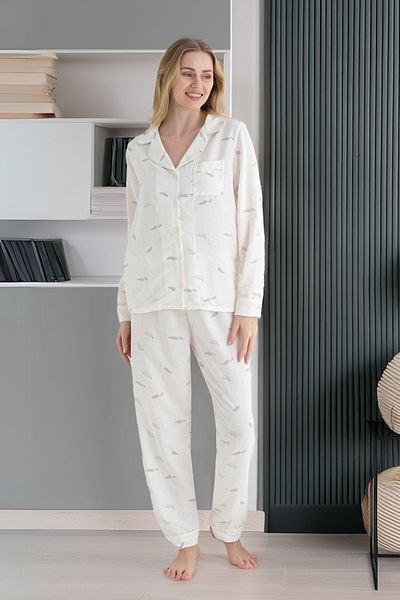 DOFİ Women's Long Sleeve Buttoned Leaf Patterned Ecru Aerobin Pajama Set – Summer Home Wear