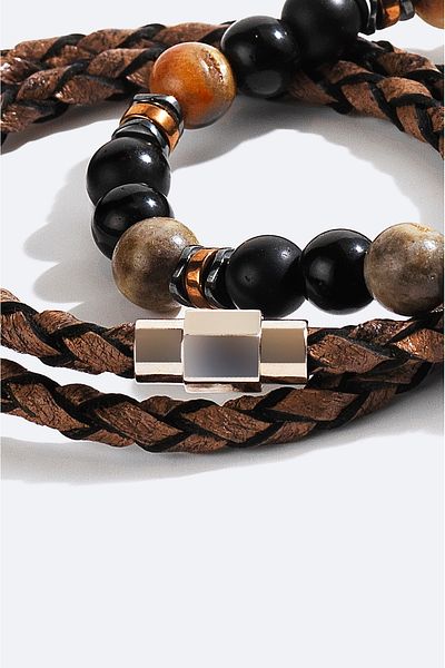 Avva Men's Mink Leather Ceyt and Hematite Stone Bracelet A42Y9613