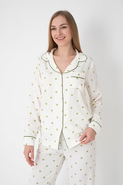 DOFİ Women's Ecru Buttoned Polka Dot Pajama Set – Green Detailed, Suitable for Summer Home Wear