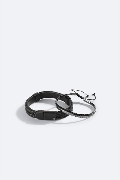 Avva Men's Black Leather and Hematite Stone Bracelet A42Y9611
