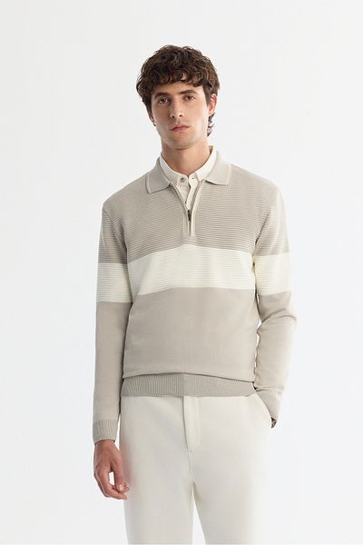 Avva Men's Light Gray Zippered Polo Collar Colorblock Sweater A42Y5030
