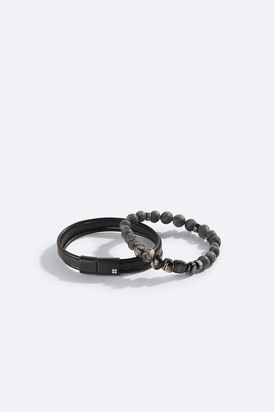 Avva Men's Black Leather Ceyt and Hematite Stone Bracelet A42Y9623