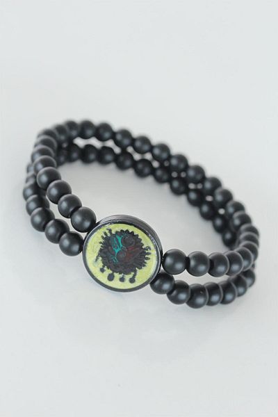 SeyCey.co Black Color Double Row Natural Stone Men's Bracelet with Ottoman Coat of Arms Figure on Yellow Colored Metal