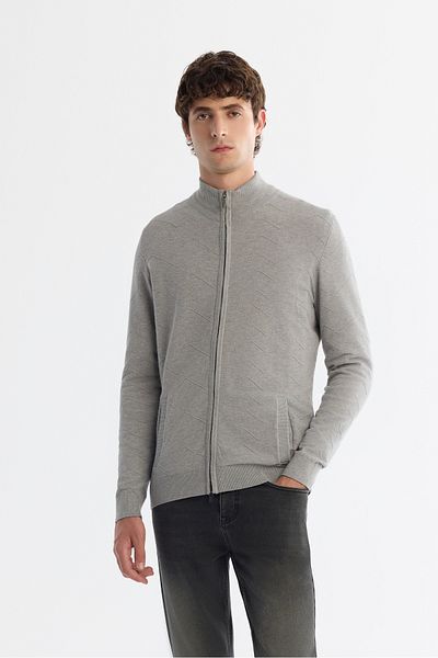 Avva Gray Patterned Soft Touch Knitwear Men's Cardigan - Stand Collar, Zipper Detail A42Y5077