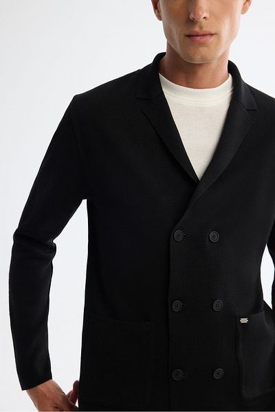 Avva Men's Black Mono Neck Double Breasted Bag Pocket Wool Knitwear Coat A42Y5153