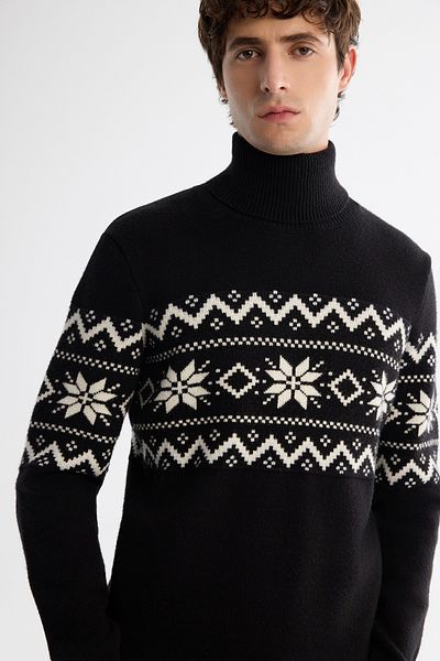 Avva Men's Black Full Turtleneck Snow Print Soft Touch Knitwear Sweater A42Y5147