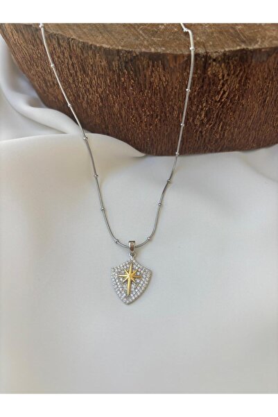 muheres 316 L Steel North Star Detailed Zircon Stone Necklace