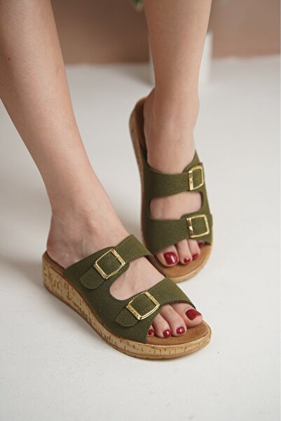 Taran Ellen Women's Yellow Double Buckle Detailed Cork Sole Stylish and Comfortable Daily Slippers