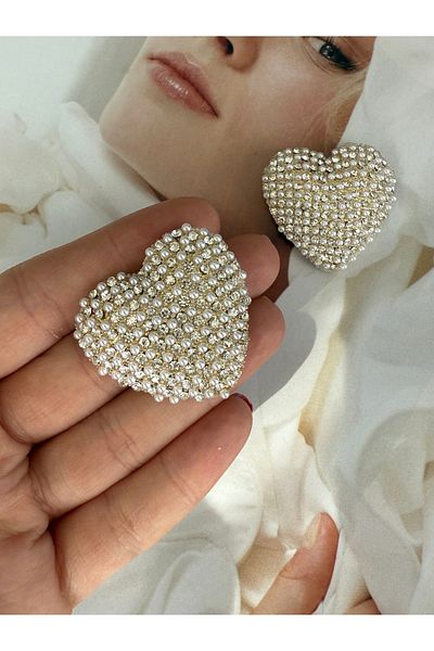 Pinery Jewels Limited Edition - Pair of Heart Pearl and Zircon Stone Detailed Maxi Length Evening Dress Earrings