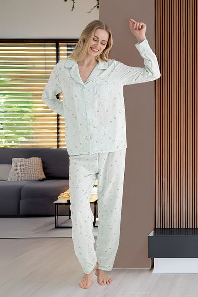 DOFİ Women's Long Sleeve Buttoned Floral Patterned Green Aerobin Pajama Set – Suitable for Summer and Home Wear