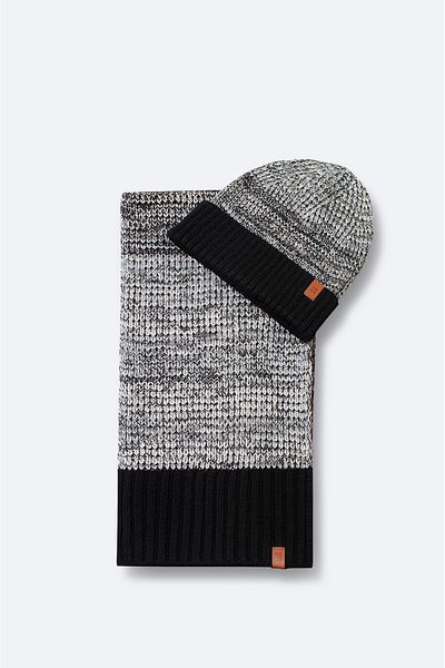 Avva Men's Black Color Block Ribbed Knitwear Scarf Beanie Set A42Y9221