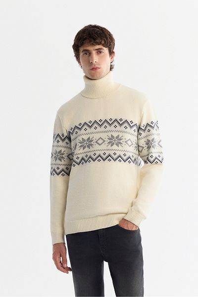 Avva Men's Ecru Full Turtleneck Snow Print Soft Touch Knitwear Sweater A42Y5147
