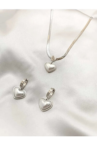 Kuşkaya Ticaret Çelik Venedik Kalp Kolye Küpe Silver Set | 14 Şubat Sevgilile...