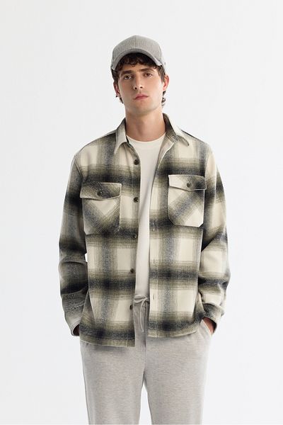Avva Men's Khaki Classic Collar Plaid Woolen Shirt Jacket A42Y2116