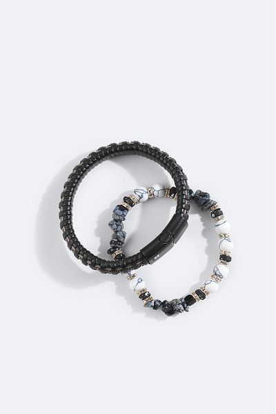 Avva Men's Black-White Leather Ceyt and Hematite Stone Bracelet A42Y9616
