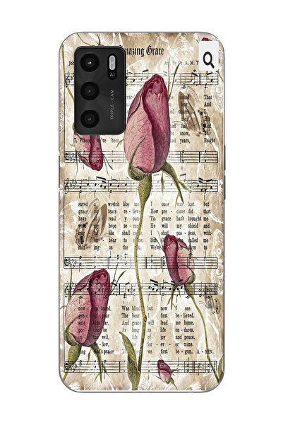 moonset Oppo A16 / A55 Uyumlu Çiçek ve Notalar Tasarımlı Baskılı Şeffaf Telef...