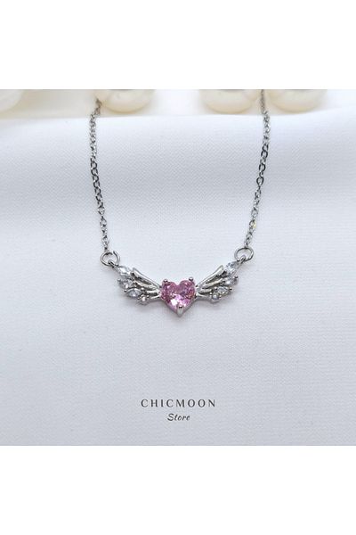 CHICMOON STORE Steel Silver Color Pink Stone Winged Necklace