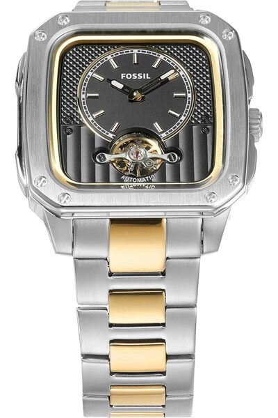Fossil Men's Quartz Inscription Stainless Steel Square Watch, Gold/Silver Auto