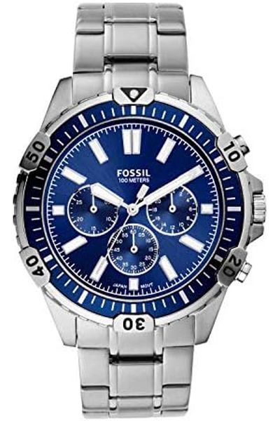 Fossil Men's Garrett Stainless Steel Quartz Dress Chronograph Watch One Size Silver/Blue