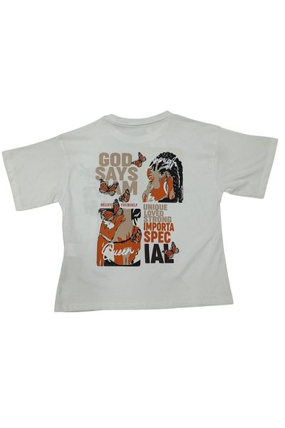 İrem Çocuk Giyim Girl's God Says Oversize White T-Shirt with Pattern on the Front and Back