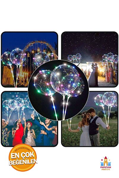 PapatyamPartiEvi 3 Fonksiyonlu - Balon Çubuklu - 45 Cm Işıklı Şeffaf Balon Se...
