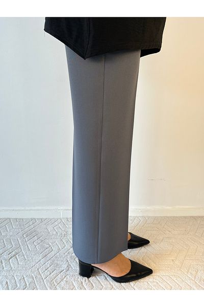 Taşpınar Butik Gray Elastic Waist Large Size Lycra Piping Detailed Pipe Leg Trousers