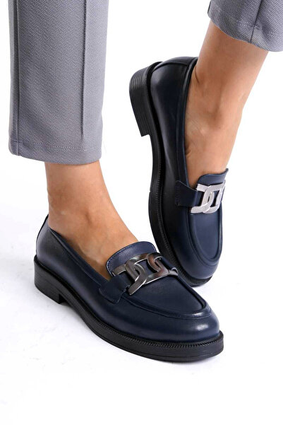 GRADA Kadın Lacivert Tokalı Loafer Ayakkabı Hakiki Deri Metal Tokalı Laci Kadın Günlük Cilt Deri Mokasen