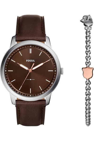 Fossil Men's Minimalist Quartz Stainless Steel Watch and Bracelet Gift Set, Color: Silver/Brown Brac