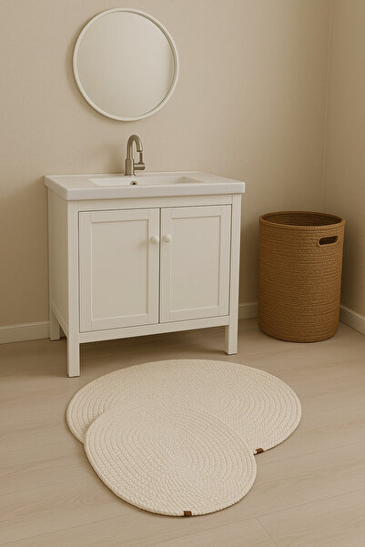 Home Natural Knitted Oval Bath Mat Set – Set of 2 Handmade Cotton Mats