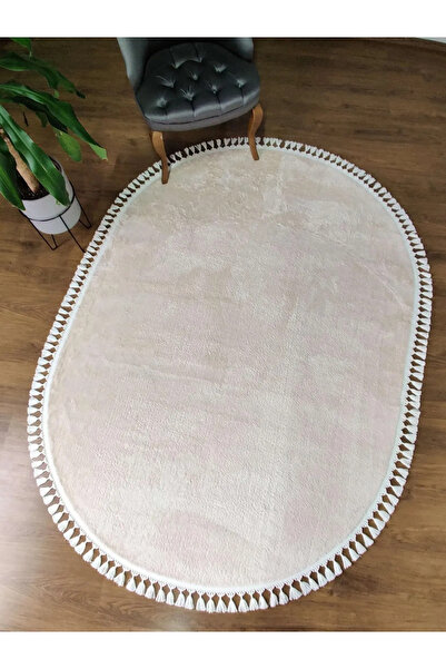 lilium Krem(Ekru) Oval Örgü Saçaklı Peluş Yumuşacık Yıkanabilir Kaymaz Taban ...