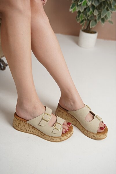 Taran Nadia Women's Gold Double Buckle Detailed Cork Sole Stylish and Comfortable Daily Slippers