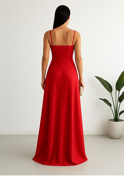 LACASE Red Crepe Fabric Slit Detailed Evening Dress