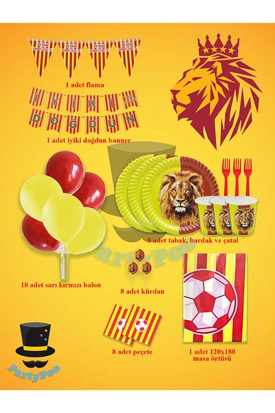 PartyPoo Σετ πάρτι γενεθλίων Yellow Red Fan Σετ πάρτι γενεθλίων για 8 άτομα