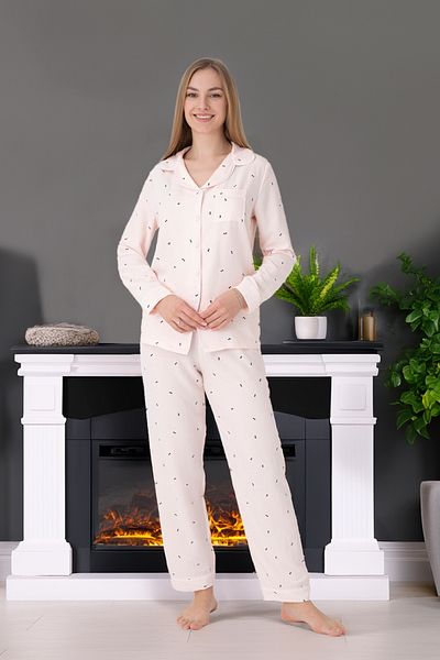 DOFİ Women's Light Pink Buttoned Polka Dot Aerobin Pajama Set – Bow Tie Patterned, Suitable for Summer Home Wear
