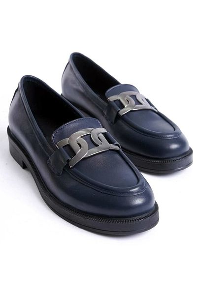 GRADA Women's Navy Blue Buckle Loafer Shoes Genuine Leather Metal Buckle Navy Women's Casual Skin Leather Loafer