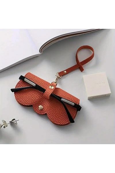 TATA CRAFT Faux Leather *Orange Strap Snap Fastener Glasses Carrying Case